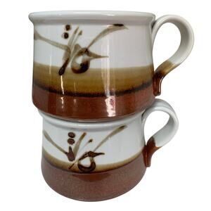 Set of Two Vintage Asian Style Stoneware Ceramic Soup Mugs 2 Cup Capacity